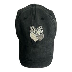 Three Leopard Print Hearts on a Black Washed Baseball Cap adjustable band New